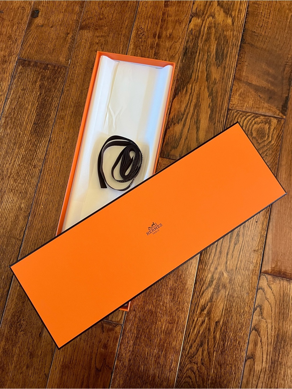 Hermes Box for Tie or Scarf Storage with Tissue and Ribbon Orange 15 x 15 x 1
